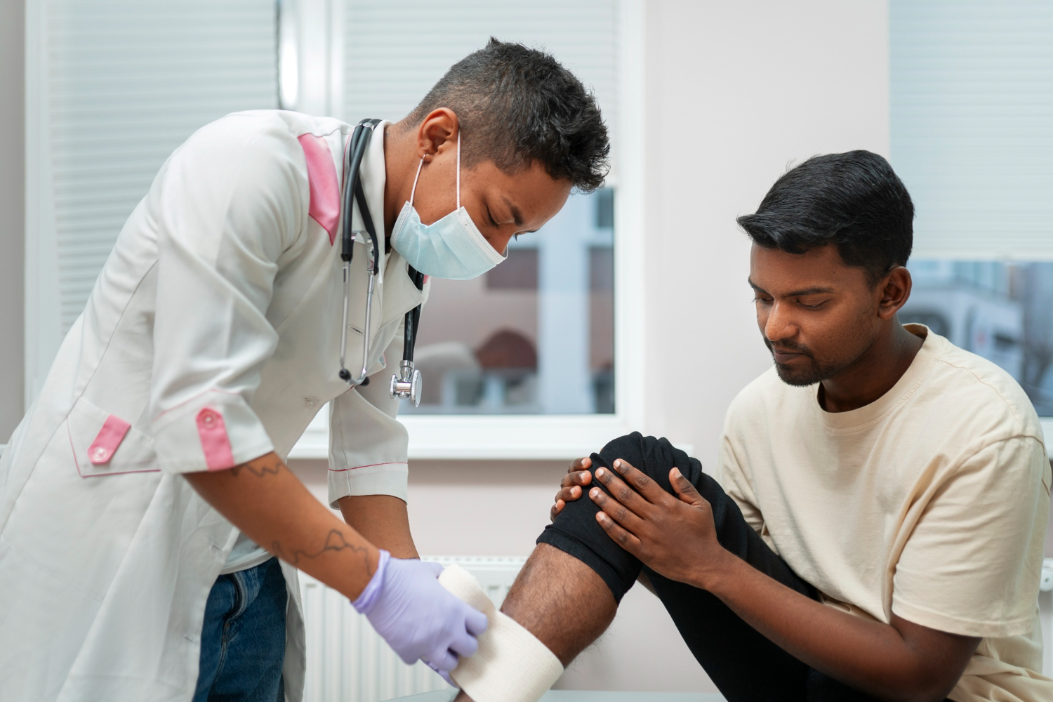 doctor putting bandage on patients leg at wound care center